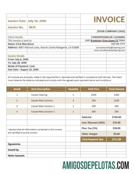 imprimível Modelo de fatura de serviço de limpeza de carpetes